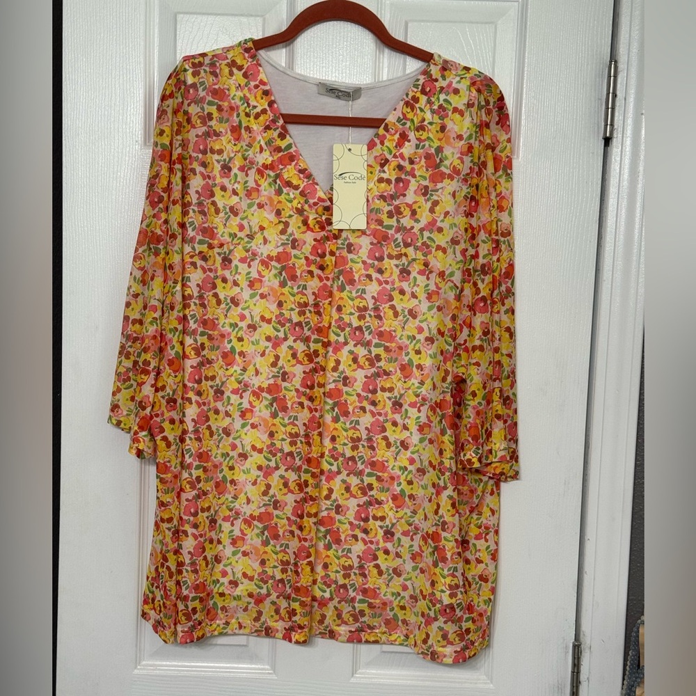 Orange and Yellow 3/4 Sleeve Floral Relaxed Tunic XL